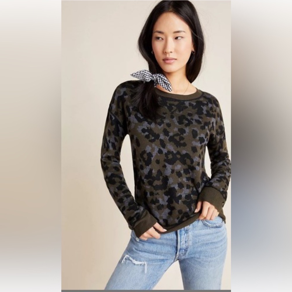 Anthropologie Olive Green/Lavender Animal Print Knit Crewneck Sweater, Size M